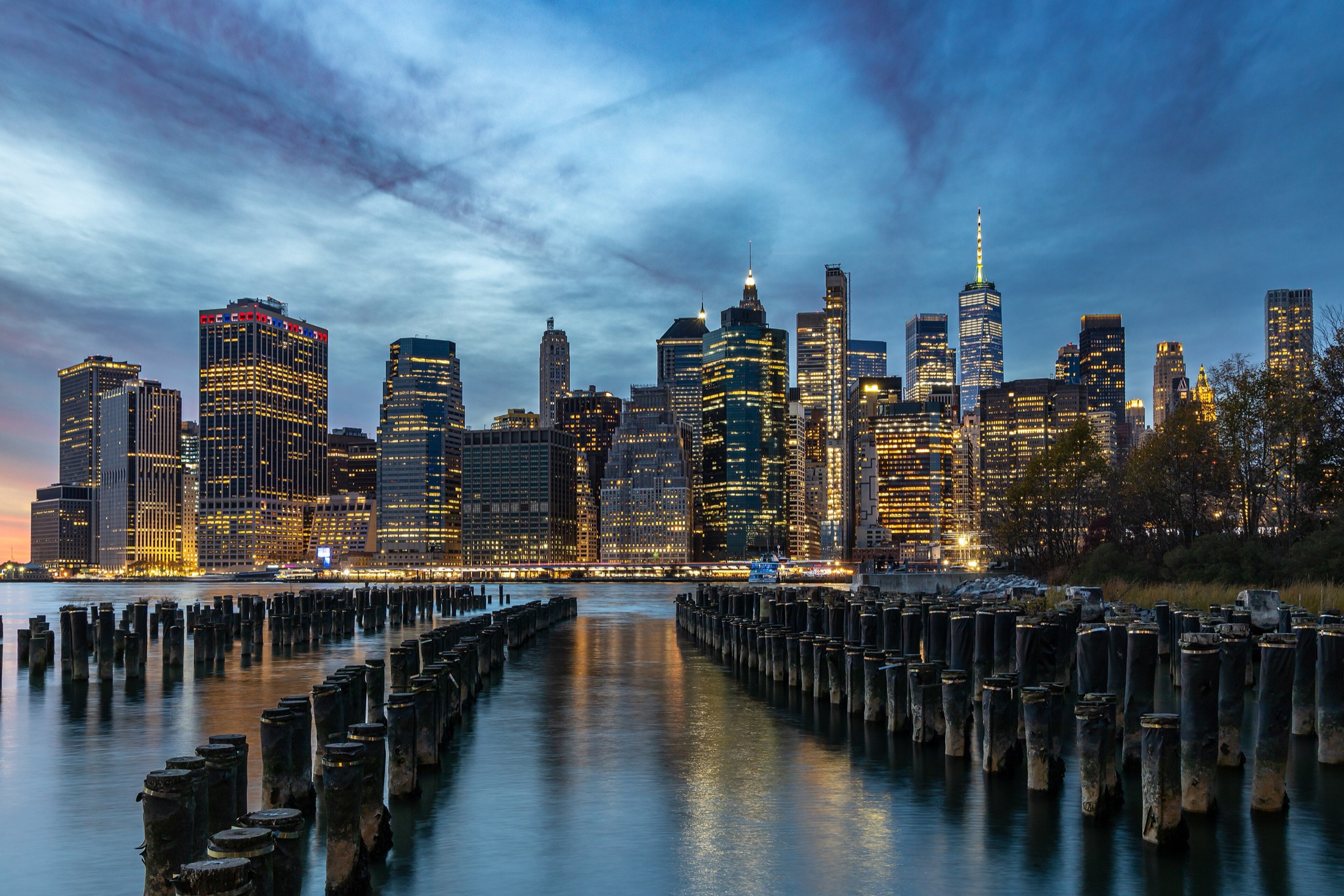 Lower Manhattan skyline at dusk